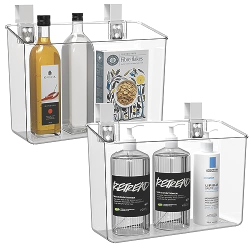 2 Pack Plastic Over Cabinet Door Organizer with Removable Hooks, Clear Hanging Baskets for Organizing Hanging Holder for Kitchen, Bathroom-Hang Outside or Inside Door-L - style: L