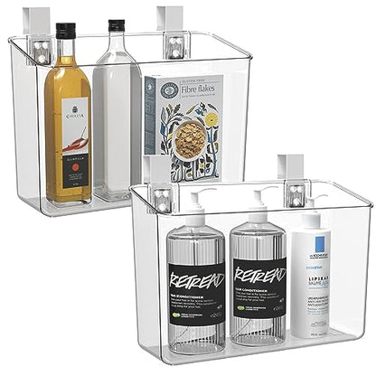 2 Pack Plastic Over Cabinet Door Organizer with Removable Hooks, Clear Hanging Baskets for Organizing Hanging Holder for Kitchen, Bathroom-Hang Outside or Inside Door-L - style: L