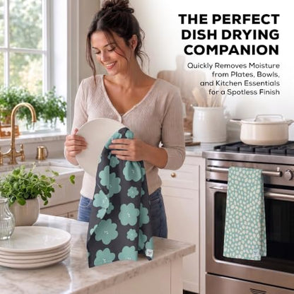 Kitchen Towels, Dish Towels for Kitchen, 2 Pc Kitchen Towel Set | Microfiber Waffle Towels, 16 x 26 inches, with Hanging Loops, Reusable Tea Towels, Cute Kitchen Towels - 2 Pack - color: Turquoise