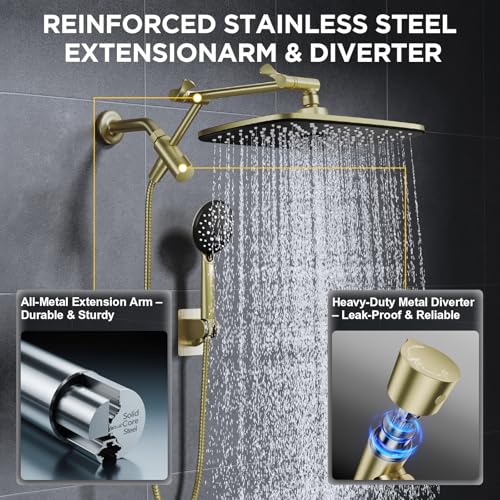 Veken Gold 11.8" High Pressure Shower Head with Handheld, Leak-Proof Design | Handheld Shower Head with Multi Spray Modes,Rainfall Combo with 15" Metal Extension Arm,Detachable Dual Shower,Regaderas Para - color: Pure Gold, size: 11.8 Inch High Pressure