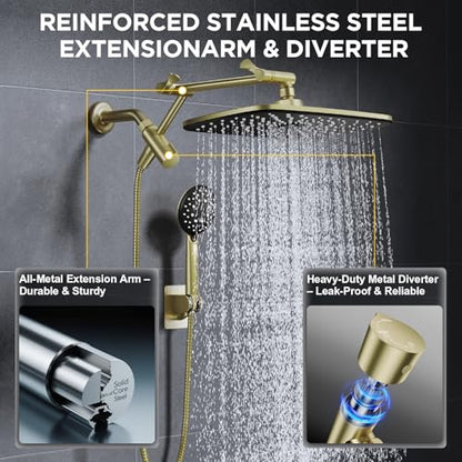 Veken Gold 11.8" High Pressure Shower Head with Handheld, Leak-Proof Design | Handheld Shower Head with Multi Spray Modes,Rainfall Combo with 15" Metal Extension Arm,Detachable Dual Shower,Regaderas Para - color: Pure Gold, size: 11.8 Inch High Pressure