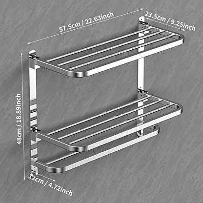 CAXIMSY 22.8Inch Towel Rack for Bathroom and Lavatory Towel Hanger with Wall Mount Towel Bars 304 Stainless Steel No Drill (Collapsible Towel Rack) - color: Collapsible Towel Rack With Double Shelves
