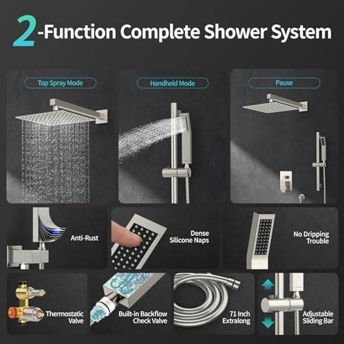 SR SUN RISE 10 Inch Square Shower System with Slide Bar,Brushed Nickel | Rain Head and Handle System,16" Adjustable Shower Slide Bar,Soild Brass,Wall Mount,Included Valve and Trim Kit - color: Brushed Nickel, size: 10 Inch