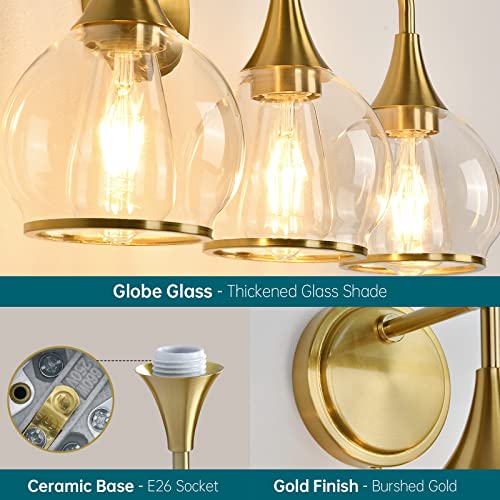 Gold Bathroom Vanity Light 3-Lights Bathroom Light Fixtures Over Mirror with Clear Glass Shade 22.4 inch Wall Sconce Lighting Bath(Exclude E26 Bulb) - color: Gold, size: 3 Light