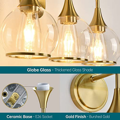 Gold Bathroom Vanity Light 3-Lights Bathroom Light Fixtures Over Mirror with Clear Glass Shade 22.4 inch Wall Sconce Lighting Bath(Exclude E26 Bulb) - color: Gold, size: 3 Light