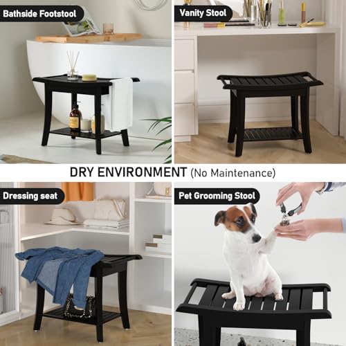 Bamboo Shower Stool Bench Waterproof with Storage Shelf for Shaving Legs or Spa Bath Seat in Bathroom & Inside Shower for Adults Seniors Elderly (24 x 13.4 x 18.5 inches+Black) - size: 24 x 13.4 x 18.5 inches+Black