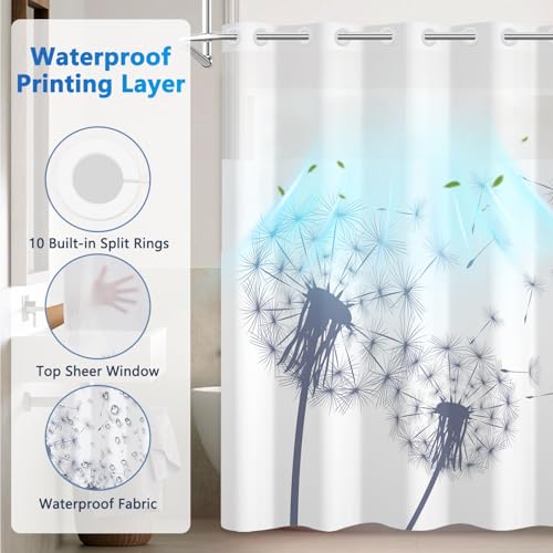 No Hook Shower Curtain and Liner, Farmhouse Heavy Duty Waterproof Shower Curtain with Mesh Top Window and Weighted Hem, Dandelion Print Washable Shower Curtains for Bathroom and Hotel, 71" W x 74" L - color: Dandelion