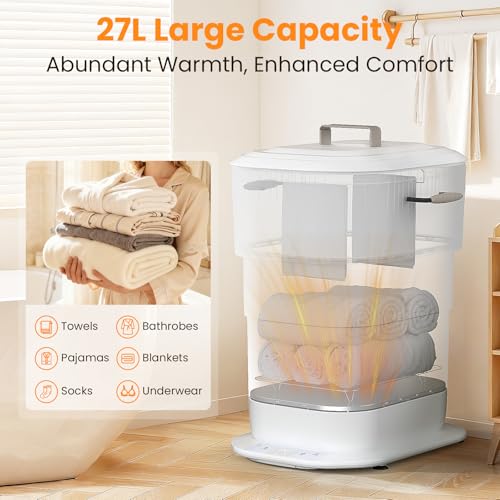 Foldable Towel Warmer 27L,Retractable Portable Towel Warmers Bucket | Time Setting & Auto Shut-Off, 3 Heat Levels with Lighting,Heats Towels/Robes/Blankets, Ideal for Bathroom (White) - color: White