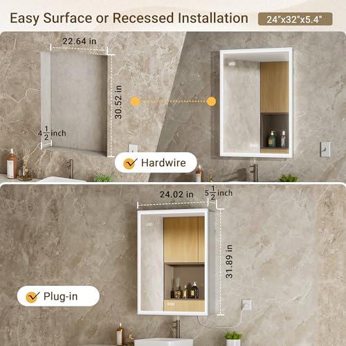 24x32 Medicine Cabinet Mirror with Double Lights & Clock, Front+Backlit Surface or Recessed Fogless Lighted Medicine Cabinet Mirror, 155°Soft-close Right Hinge,Time-Display,Outlet,Inner Light - size: 24x32'' (Right Hinge)