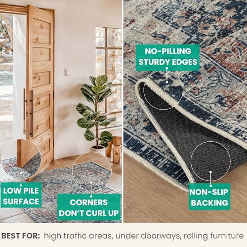 Bloom Rugs Caria Washable Non-Slip 7 ft Runner - Terracotta/Teal Traditional Runner for Entryway, Hallway, Bathroom, and Kitchen - Exact Size: 2'6" x 7' - color: Terracotta / Teal, size: 2'6" x 7' (Runner)