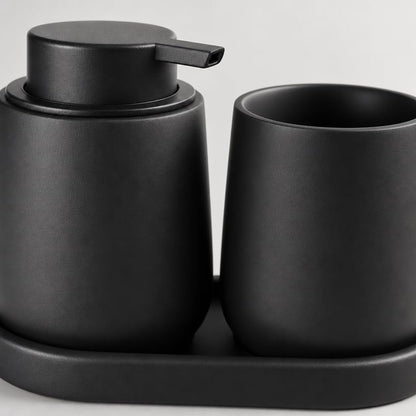 Ceramic Bathroom Accessories Set, 3 Pieces with Soap Dispenser, Toothbrush Holder, and Cup, Matte Black, Polished Finish (Balck) - color: Balck