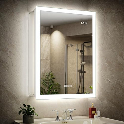 20x26 Medicine Cabinet Mirror with Double Lights & Clock, Front+Backlit Surface or Recessed Fogless Lighted Medicine Cabinet Mirror, 155°Soft-close Right Hinge,Time-Display,Outlet,Inner Light - size: 20x26'' (Right Hinge)