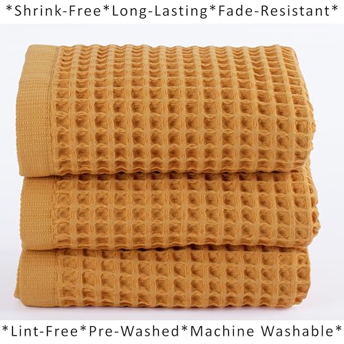 PÜSKÜL Natural 100% Turkish Cotton Waffle Kitchen and Hand Towels, 3-Piece | Mustard Yellow 32x16" Large Premium 3D Honeycomb Weave Soft Absorbent Quick-Dry Lint-Free Dish Towel, Oeko-Tex Made in Turkey - color: Mustrad Yellow, size: Kitchen & Hand Towels