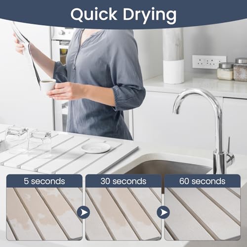 Meowoo Stone Drying Mat for Kitchen Counter, 15.7"x11.8" Foldable Diatomaceous Earth Mat, Super Absorbent, Quick-Dry Bath & Kitchen Pad for Dishes, Cups, Bottles, Non-Slip, Fits Any Countertop - White - size: 15.7" x 11.8"
