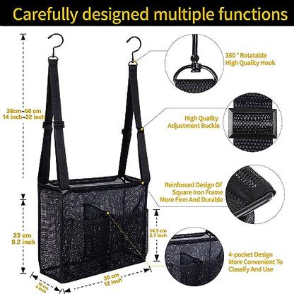 4 Storage Pockets Adjustable Hanging Mesh Bathroom Bag, Shower Caddy College with Hooks, Applied to College Dorm Rooms, Gym, Swimming and RV Travel (Black) - color: Black