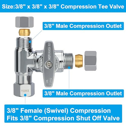 Brass Angle Stop Add-A-Tee Valve,3/8 x 3/8" x 3/8 Compression Water Splitter | T Adapter Connector for Sink Faucets, Glass Rinsers, Dishwashers, Washing Machines and 3/8" Water Supply Line - size: 3/8x3/8x 3/8 Compression Tee Valve