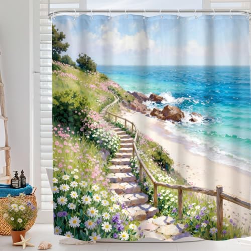 Ocean Beach Floral Extra Flower Wildflower Bathroom Shower Curtain Set | Blue Sea look; 72"W x 84"L. waterproof HD print, quick-dry fabric and free hooks for easy setup. - color: A-blue Green, size: 72"W x 84"L (Pack of 1)