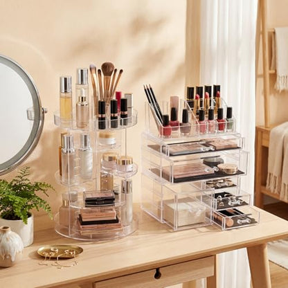 Canchiing Acrylic Makeup Organizer Set, 360 Rotating Makeup Organizer, Clear Drawer Vanity & Countertop Cosmetic Storage for Brushes, Jewelry, for Vanity, Bathroom, Bedroom, Closet