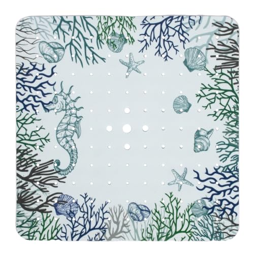 Square Shower Mat Non Slip 21x21 Inch, Green Leaf Anti Slip Shower Mat for Inside Shower Bathtub Mat Non Slip Tropical Banana Leaves Bath Tub Mat Shower Floor Mat Bathroom Mat with Large Drain Holes - color: Seahorse, size: 21" x 21" (Square)