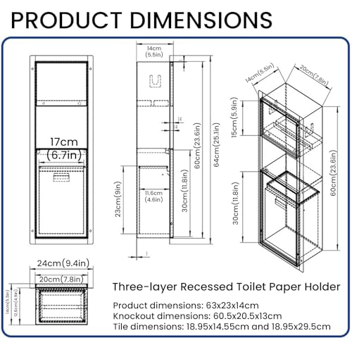 Recessed Toilet Paper Holder with Trash Storage Cabinet,Recessed Wall Niche Tile Decoration,Hidden Wall-Mounted Tissue for Bathroom Remodel,Space-Saving
