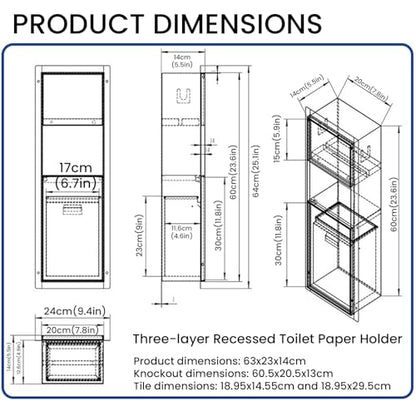 Recessed Toilet Paper Holder with Trash Storage Cabinet,Recessed Wall Niche Tile Decoration,Hidden Wall-Mounted Tissue for Bathroom Remodel,Space-Saving