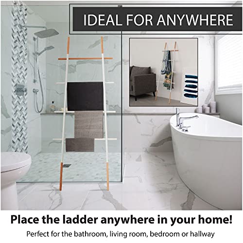 Freestanding Towel Ladder Rack, Space Saving, No-Scratch Wood, for Household Use, White - color: White
