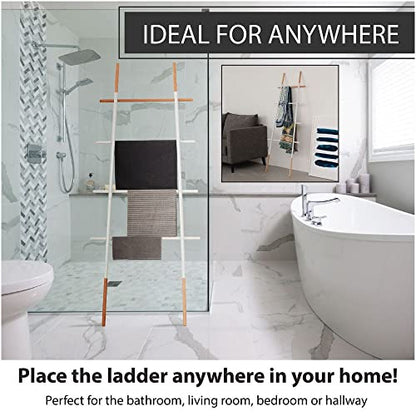 Freestanding Towel Ladder Rack, Space Saving, No-Scratch Wood, for Household Use, White - color: White