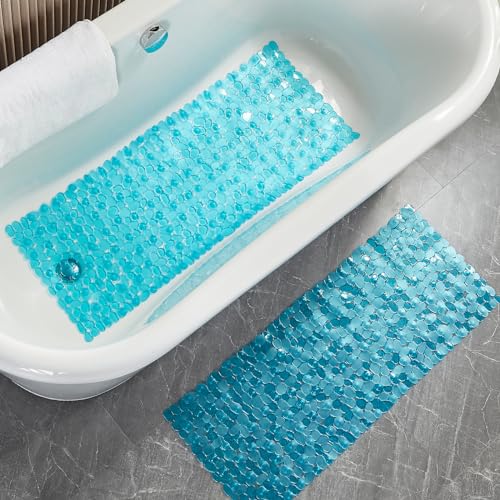 Webos Bath Shower Mat Non Slip: Extra Large Pebble Bathtub mat for Families, Anti Slip Shower Matt with Drain Holes Suction Cups Tub Mat - 16 X 40 Inch Clear Green - color: Pebble Clear Green