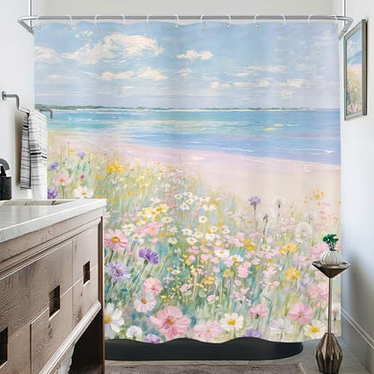 Ocean Beach Shower Curtain Wildflower Coastal Seaside Bathroom Curtain Set | 72Wx72H Blue Sea Floral Flower Girly Nature Path Bathroom Curtains Fabric Waterproof Polyester 12 Hooks - size: 72"W x 72"L (Pack of 1)