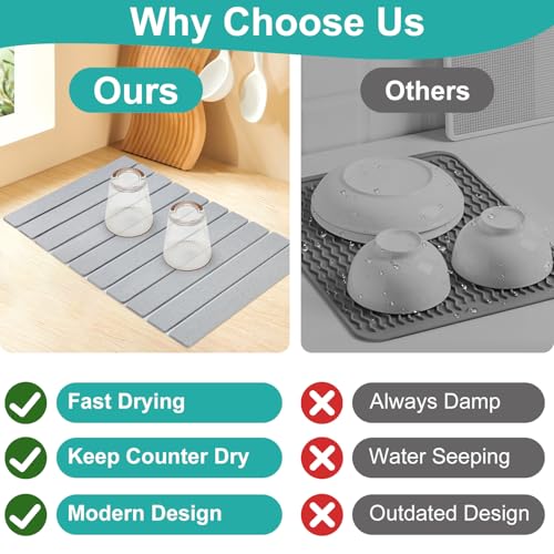 Large Stone Dish Drying Mat for Kitchen Sink Diatomite Countertop Dish | Diatomaceous Earth Mat Dishes Drainer Drying Tray Water Absorbent Quick Draining Pads Fast Foldable Bathroom Drying Mats - color: Light Gray