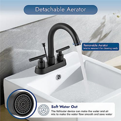Bathroom Faucet with Lift Rod Drain,4 Inch Centerset 3 Hole,Matte Black | Two Handle Lead-Free SUS304 Stainless Steel Bathroom Sink Faucet with Lift Rod Drain & Supply Lines for RV & Farmhouse - color: Matte Black