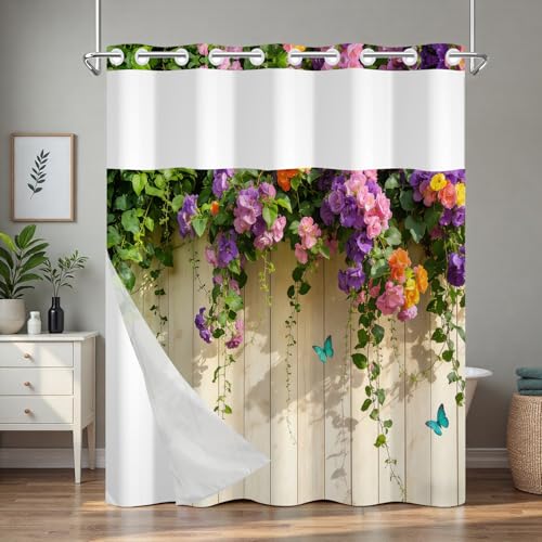 No Hook Floral Shower Curtain with Snap in Liner, Machine Washable Cloth Shower Curtain with See Through Window and Weighted Bottom, Waterproof Fabric Summer Shower Curtains for Bathroom, 71"W x 74"L - color: Flower Vine