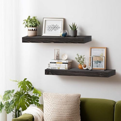 Solid Wood Floating Shelves, 24 Inch Wall Shelves, Set of 2, Black | 8 Inch Deep, 1.6 Inch Thick, Extra-Wide Display Space, Mounting Hardware Included, For Kitchen, Bathroom and Living Room - color: Black, size: 24x8x1.6