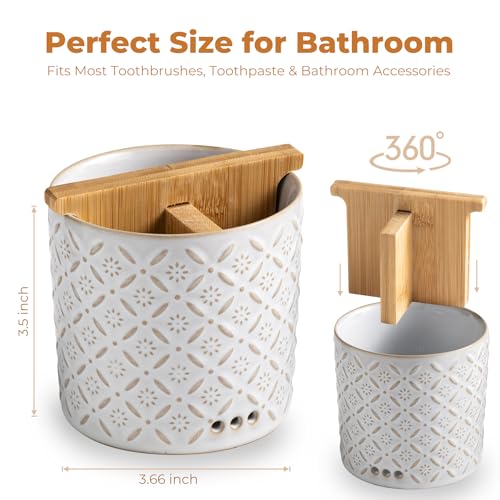 Zoeeker Toothbrush Holders, Ceramic Electric Toothbrush & Toothpaste Holder | Detachable 3 Slots Tooth Brush Cup with Drain Holes & Bamboo Divider, Makeup Brush Storage Holder for Bathroom, Family, Kids - color: White