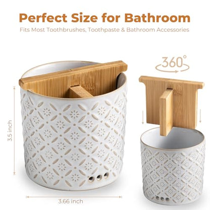 Zoeeker Toothbrush Holders, Ceramic Electric Toothbrush & Toothpaste Holder | Detachable 3 Slots Tooth Brush Cup with Drain Holes & Bamboo Divider, Makeup Brush Storage Holder for Bathroom, Family, Kids - color: White