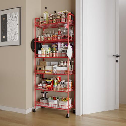 Slim Rolling Storage Cart, 6 Tier Metal Kitchen Rolling Utility Cart with Lockable Wheels for Kitchen, Bathroom, Laundry Room, Small Narrow Spaces (Red 10 Inches) - size: Red 10 Inches