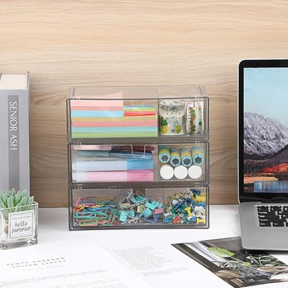 Acrylic Pencil Drawer with Removable Dividers Clear Pull Out Pen Drawer Organizer Stackable Bathroom Organizer for Makeup, Cosmetics, Office Supplies,3 Pack