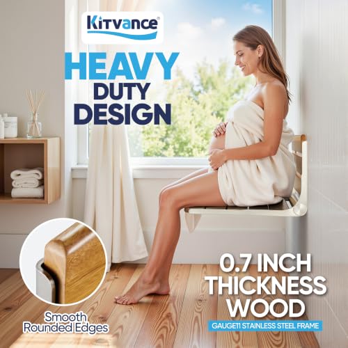[Upgraded Version] 20" Folding Teak Shower Seat Wall Mounted- Shower Bench for Inside Shower, ADA Compliant Teak Shower Seat Wall Mounted Bench Bathroom Stool, Folding Bathtub Shower Seat for Elderly - size: 20*17*10.9 Inch Teak