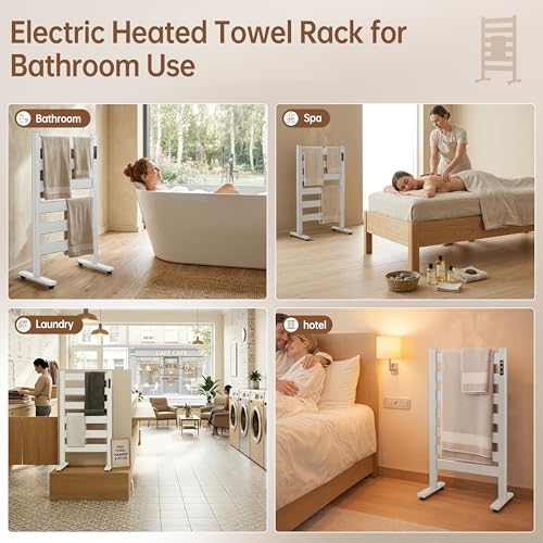 6-Bar Freestanding Heated Towel Warmer with PTC Fast Heating | 170°F Adjustable Temperature, 2-12H Timer & Memory Function, Freestanding Design, Wide Bar Rack for Towels, Matte White - color: White