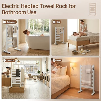 6-Bar Freestanding Heated Towel Warmer with PTC Fast Heating | 170°F Adjustable Temperature, 2-12H Timer & Memory Function, Freestanding Design, Wide Bar Rack for Towels, Matte White - color: White
