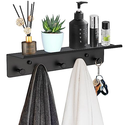 Bathroom Towel Rack Wall Mounted, Rustproof Aluminium Shelf with 5 Bath Robe Hook, Decor Display Storage, Hot Tub Accessories, Hanging Hanger for Hat, Key, Bag Holder, Bathtub
