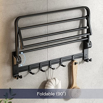 24 Inch Towel Rack with Towel Bar Holder Foldable Towel Shelf with Movable Hooks Rustproof Towel Storage wall Mount for Bathroom Lavatory Matte Black - color: Matte Black