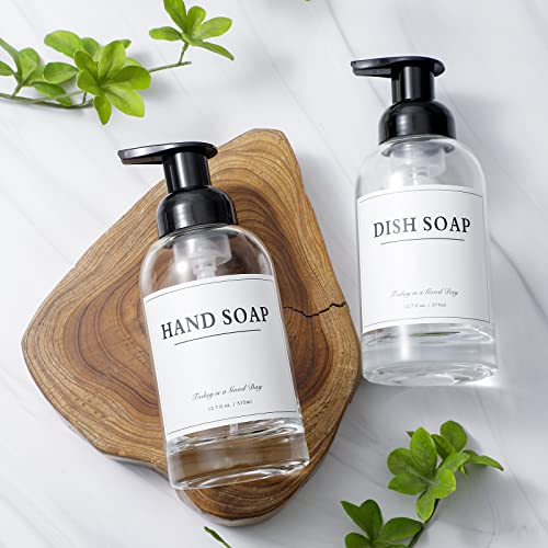 2 Pack Foaming Soap Dispenser, 12.7 Oz Thick Glass Pump, Clear Black | Refillable Foam Soap Bottles for Hand Soap and Body Wash, Ideal for Bathroom Countertop, Kitchen Sink and More - color: Clear