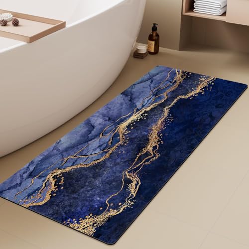Extra Long Bath Rug, Blue Marble and Golden Veins Decor Non Slip Bath Runner Rug with Rubber Backing, Thin Absorbent Quick Dry Bath Mats for Bathtub Bathroom Kitchen, 15.7x47.2 inch - color: Blue Marble 1