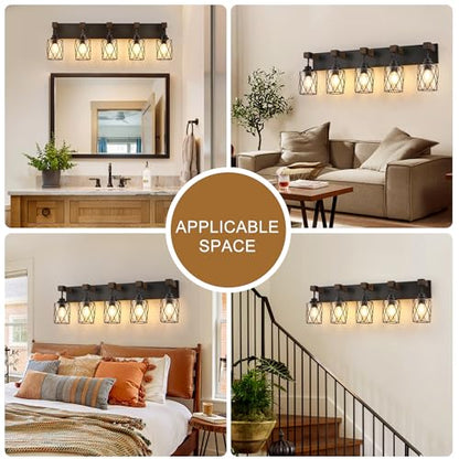 Bathroom Light Fixtures,Farmhouse Black Metal with Glass Shade | 5 Light Rustic Vanity Lights, Wood Accent Wire Cage Design, Mounts Over Mirror, Ideal for Bedroom & Hallway,Easy to Install - size: 5-Light