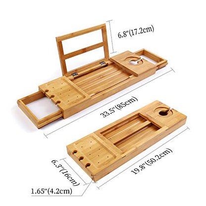 Utoplike Bamboo Bathtub Caddy Tray for Tub, Expandable Bath Table | Adjustable Bathroom Organizer, with Book Tablet Stand, Wine Glass Cup, Towel Holder - color: 19.8-33.5 in