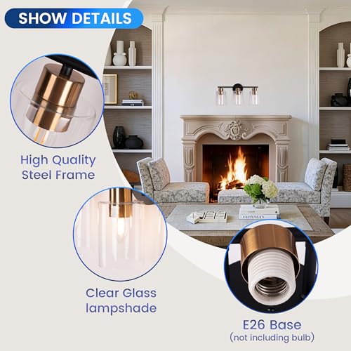3-Light Black and Gold Bathroom Vanity Light Fixtures Over Mirror | Bathroom Wall Sconce, Clear Glass Shade, For Bathroom Bedroom Dressing Table Hallway, E26 Base - color: 3 Light Gold + Black