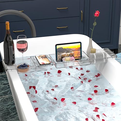 Luxury Tub Tray for Bathtub Expandable,Clear Bath Shelf Over Tub and Acrylic Bathtub Tray,Plastic Bath Board & Table,Bath Caddy Tray & Accessories for Mothers,Mom and Women Relaxing Spa Gifts - size: M - (22.3 to 31.8 in）