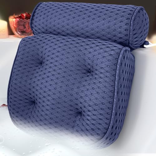 AEROiVi Luxury Bath Pillows for Tub Soft Mesh Strong 6 Suction Cups Blue | Bath Pillow with laundry bag head and neck support Relaxing Bath Washable Quick-Dry Bath Accessories Spa Gifts - color: Denim
