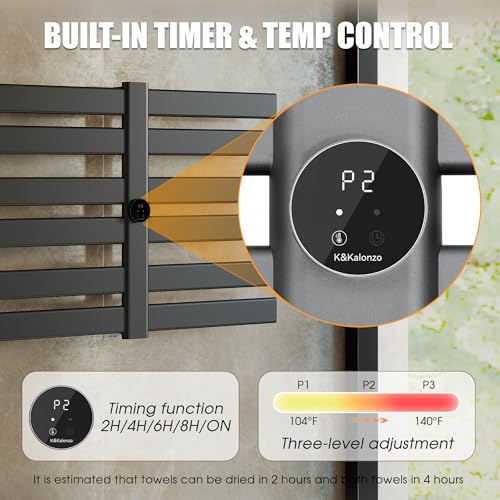 K&KALONZO Electric Towel Warmer Wall Mount Heated Rack Timer, 12-Bar,Black | Fast Heat in 2 Min, 3 Heat Levels, Anti-Scald, NTC Safety, Plug-in/Hardwired Aluminum Towel Warmer for Bathroom - color: Black, size: 12-Bar
